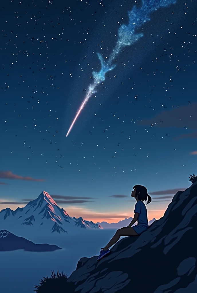 a girl lying on the top of a mountain looking at the starry sky (many stars) and a shooting star falls on it