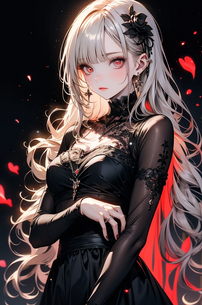 (masterpiece),(4K),high quality,Flat Chest,One girl,Long silver hair,Pale skin,Beautiful and detailed red eyes,Black ribbon with red rose decoration,Black and white gothic dress, (Highly detailed elegant), Magical colors and atmosphere, Detailed skin,The background is soft and blurry,Add a dramatic and symbolic element to your scene, Written boundary depth, Bokeh, Silky to the touch, Hyper Detail,Sitting