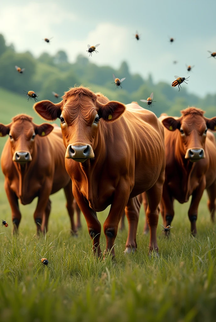 raise a beef cattle with flies from the cows
