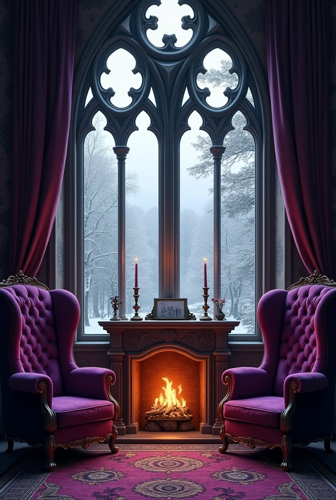 Front view of gothic windows with a wintry scene outside and a lit warming fireplace under the window with 2 hign back purple velvet chairs each side and purple drapes
