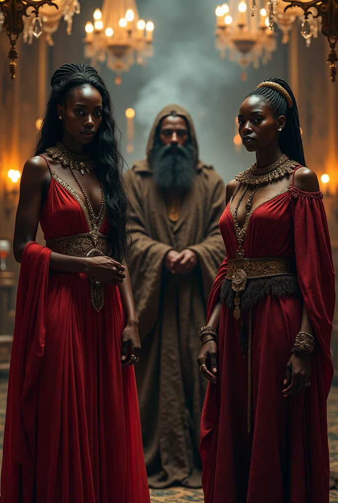 (photorealism:1.2), 2 beautiful african woman, 1 man with a mysterious beard in ancient clothing , sacrifice , diosas reina hell, coven, Chandeliers. candles, long wavy fur, wind. risa , hair curlers, funny macabre, evil, blood on hands. Cigarettes, umbanda, dove, hell, glass of champagne, cauldron, Red eyes. corona, black feathers, Skins, black goat, dead men, spirits, cemetery, red cape, shoulder pads, naked, trident, Knives, men watching, rose, naked naked woman, african , illuminated, mucho wind fuerte , keys, jewelry, full moon