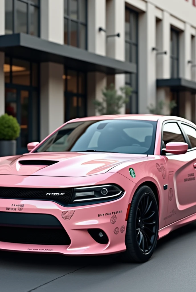 A 2023 dodge charger with a unique pink starbucks wrap