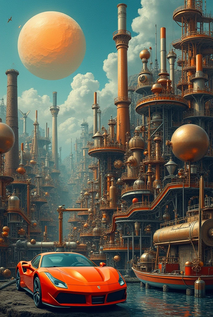 Make a collage with: steam engines, smallpox vaccine, steamboat, assembly line, a car, aviation and nanotechnology