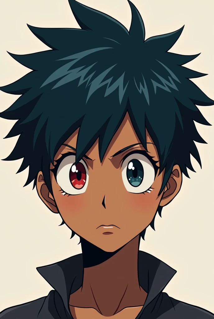 Create a drawing of a girl with a man's hair style and make it blue or dark colors,with a serious expression and that has a red and black eye and that is brown-skinned and that is My Hero Academia style