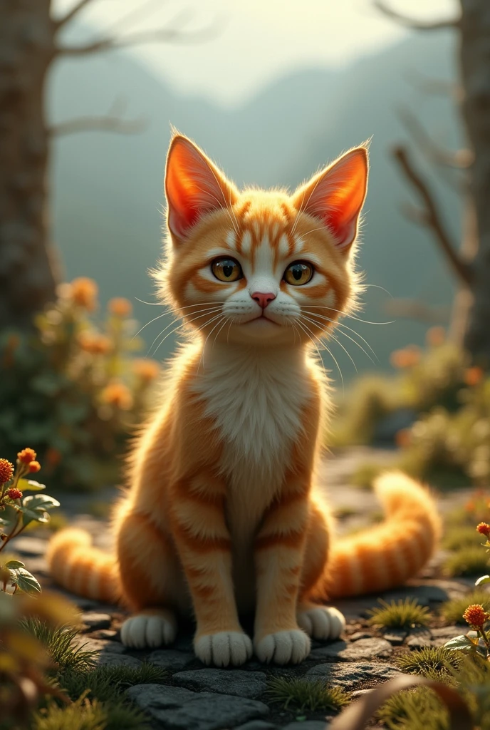 cat boy, furry anthro, solo, (furry body:1.1), (best quality), (kneeling, first person view, high angle view:1.2), looking at viewer, (blank expression), outdoors skyrim background, (long yellow tail), octane render, romantic lighting, (detailed fluffy fur),
