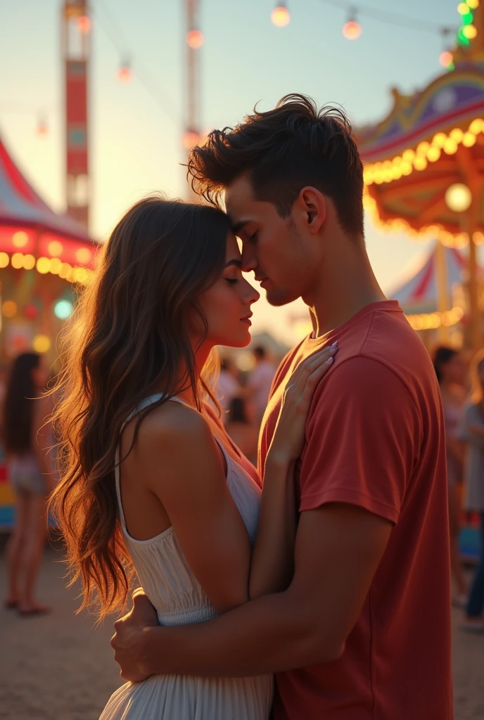 take a picture of a teenage couple hugging the fair-skinned girl, eyes browns, Long light brown hair, and thin but with a body and the boy would be the actor Louis Patringe