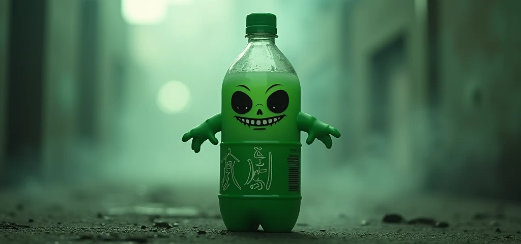  green pet bottle with human features, dollynho shinigami soda mascot
