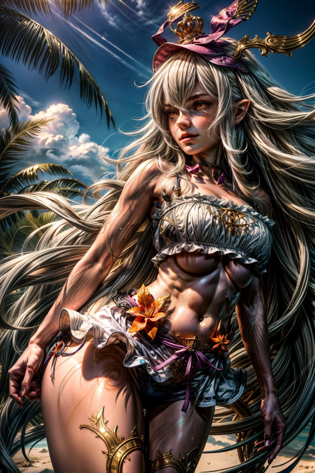 medusadef, headpiece, tail, (white lilias hair:1.4), (orange eyes:1.5), long hair, (small breasts:1.2), thicc thighs, curvy hips, tanlines, swimsuit mark,
BREAK, (bikini:1.4),
BREAK looking at viewer, at beach, (sweaty body), ((smirk)), (sweaty:1.3), (from below), (frontal view),
BREAK (masterpiece:1.2), best quality, high resolution, unity 8k wallpaper, (illustration:0.8), (beautiful detailed eyes:1.6), extremely detailed face, perfect lighting, extremely detailed CG, (perfect anatomy), 