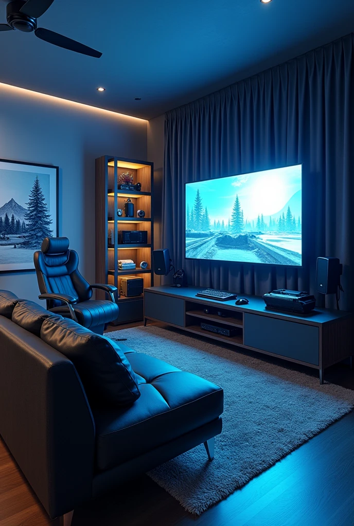 Create a gamer room with a sofa, armchair, 4k TV and place a video game and everything modern