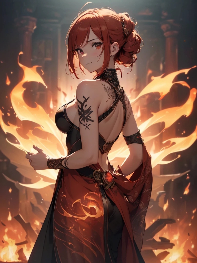 (((best quality, sharp image, clear image, cinematic lighting, 8k resolution, masterpiece, ultra detailed, intricate))) Girl, ((shot from behind)), ((close up)), look at viewer, fire mage, ((intricate background)), ((chaotic background)), red hair, smiling, ((flame runes, flame sigils)), (tatoo on back), slim figure, flying sigils, long dress, cute