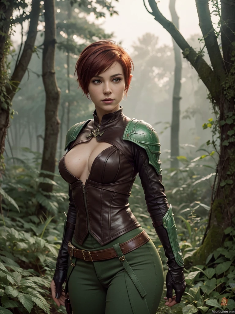 slim feminine figure, redhead, best quality, realistic skin texture, photography, film grain texture and high contrast, extremely high-resolution details, photographic, photorealistic, hyper-realistic, HDR, masterpiece, ((short pixie hair)), dressed up as a night elf hunter from world of warcraft, full green highly decorated hunter armor, a green lust forest in the background, brown pants, brown gloves