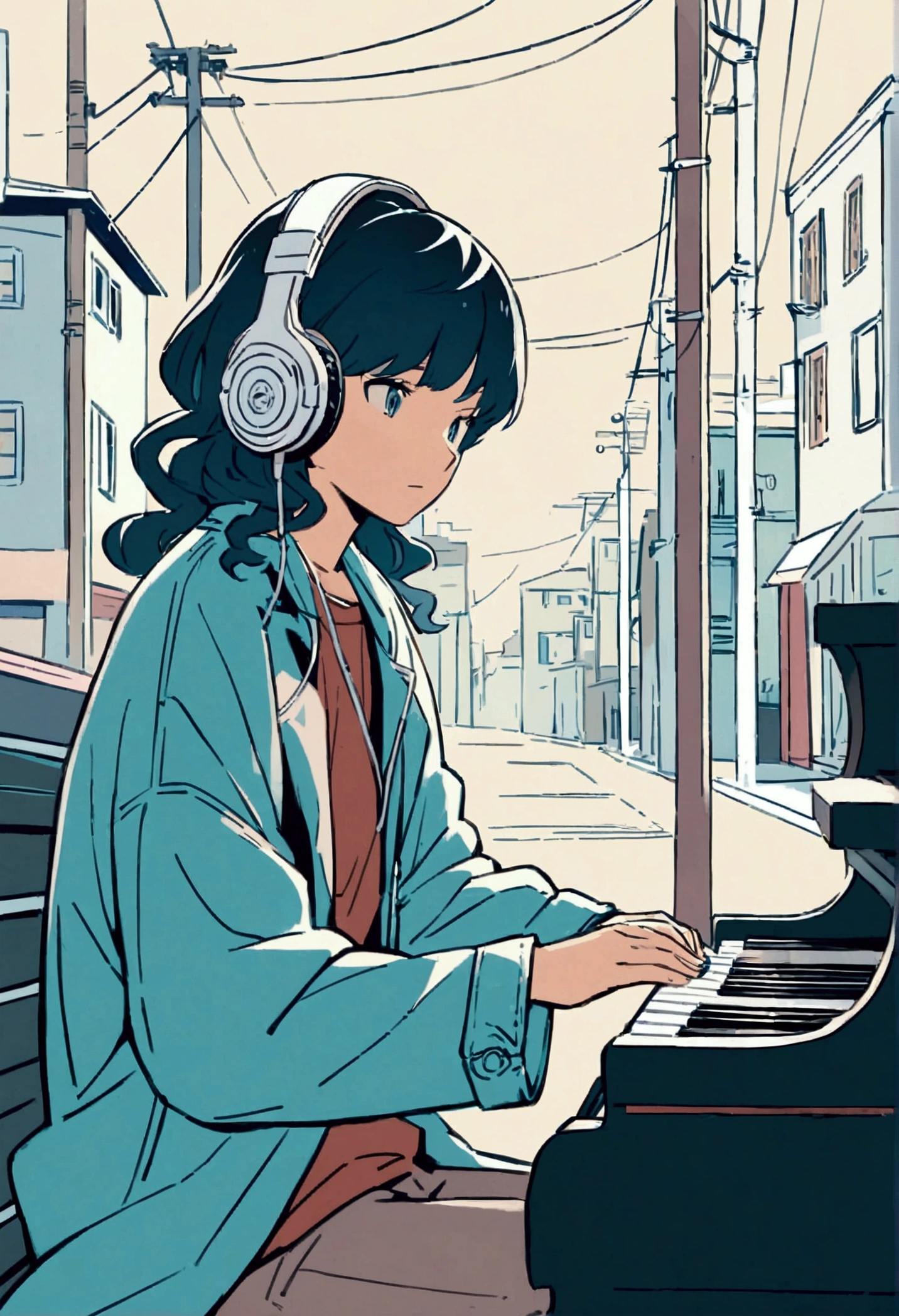 Anime style illustration of a boy sitting on a city bench. he長い間, She has light wavy hair and is wearing headphones. he、Dressed casually with a dark shirt and loose coat over his clothing。. In the background there is a street with buildings and utility poles., Beautifully drawn, With minimalist lines. The overall color scheme is soft and dark., Gives the image a calm and relaxing feel."Playing the piano
