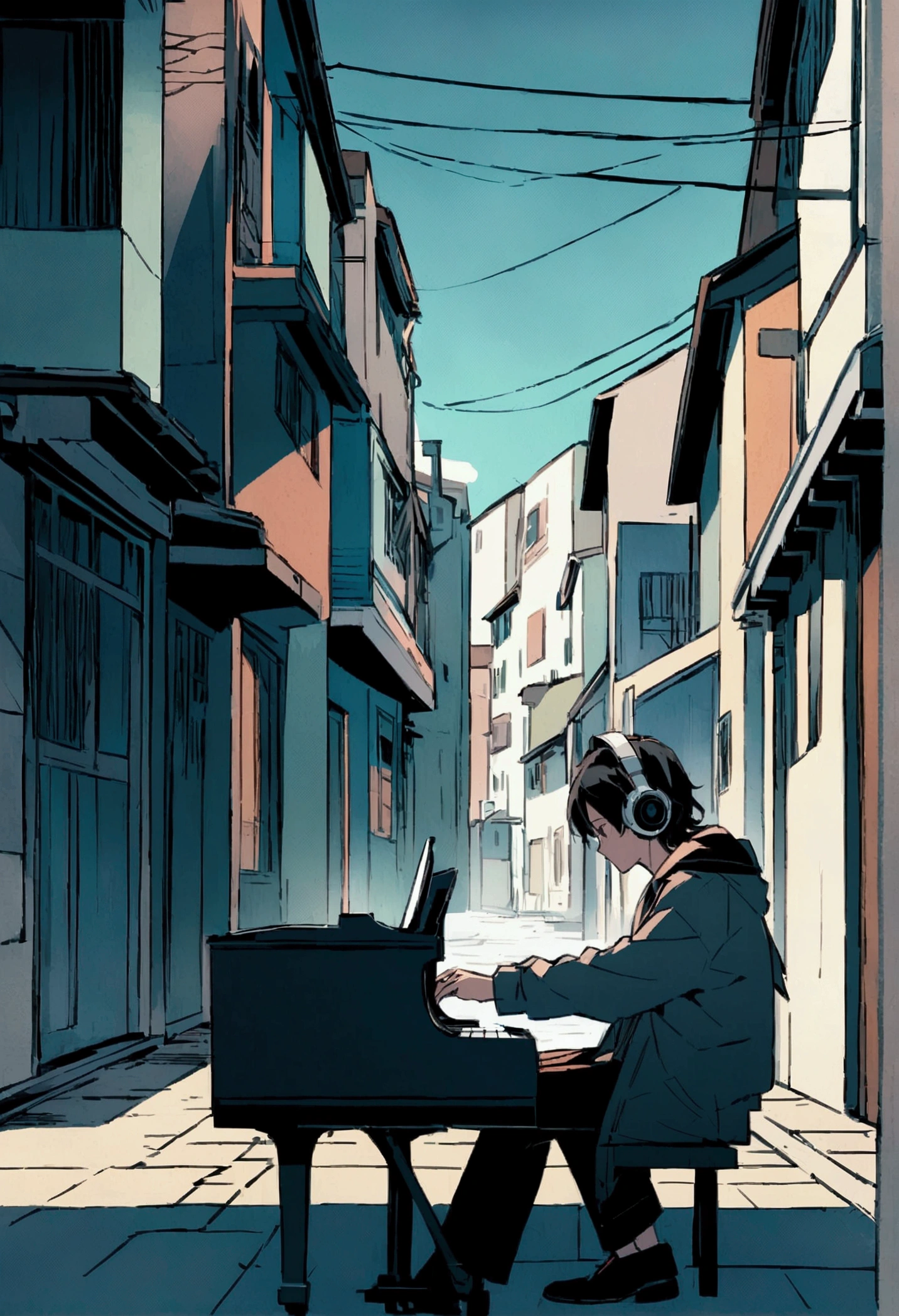 Anime style illustration of a boy sitting on a city bench. he長い間, She has light wavy hair and is wearing headphones. he、Dressed casually with a dark shirt and loose coat over his clothing。. In the background there is a street with buildings and utility poles., Beautifully drawn, With minimalist lines. The overall color scheme is soft and dark., Gives the image a calm and relaxing feel."Playing the piano