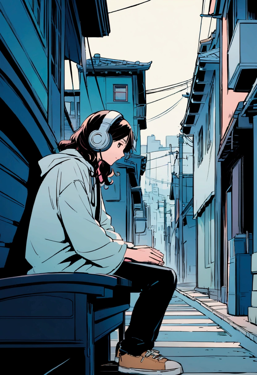 Anime style illustration of a boy sitting on a city bench. he長い間, She has light wavy hair and is wearing headphones. he、Dressed casually with a dark shirt and loose coat over his clothing。. In the background there is a street with buildings and utility poles., Beautifully drawn, With minimalist lines. The overall color scheme is soft and dark., Gives the image a calm and relaxing feel."Playing the piano