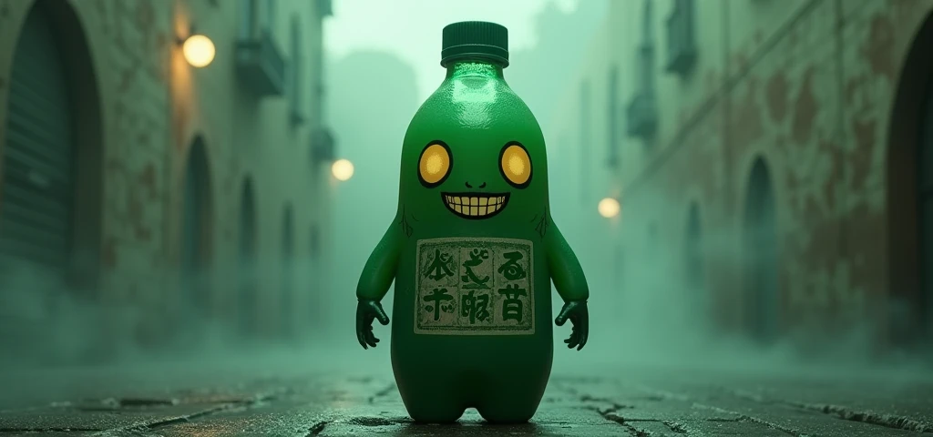  green pet bottle with human features, dollynho shinigami soda mascot

