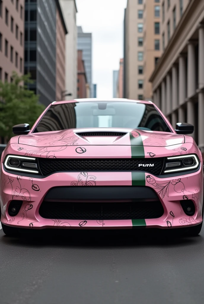 A 2023 dodge charger with a unique pink starbucks wrap