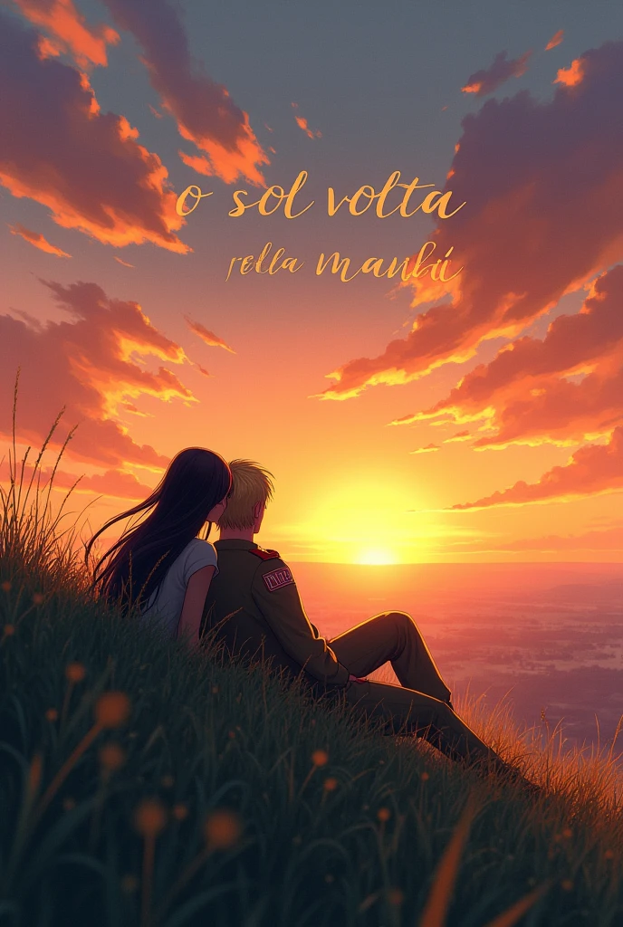 create the image of a sunset on top of a hill with a woman with long, dark hair and a strong military soldier with blond hair lying on the grass watching the sunset and written above them in beautiful letters the phrase : "the sun returns in the morning" In Portuguese 