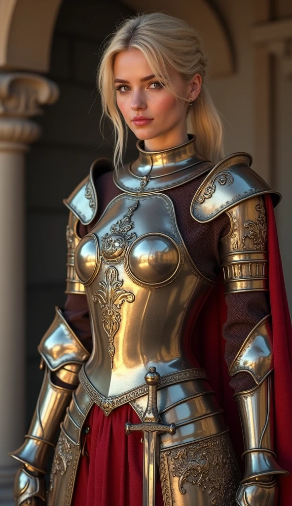 ((masterpiece, Highest quality, High resolution, Highly detailed CG integrated 8K wallpaper)), (Huge and stunning goddess shot, Very hot and sexy, Amazing beauty, Perfect Proportions, Beautiful body, Slim body beauty:1.3), (A medieval Female Knight in luminous armor:1.5), (Her long blonde hair is tied back., Wearing armor on bare skin, Red cape on the back, Exquisitely crafted, Armor with great attention to detail, With a sword hanging from his wide belt:1.5), (I will add the text, Camel Toe:1.5), I can see your thighs, View from above, Female Knight,