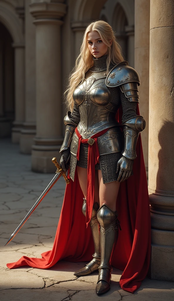 ((masterpiece, Highest quality, High resolution, Highly detailed CG integrated 8K wallpaper)), (Huge and stunning goddess shot, Very hot and sexy, Amazing beauty, Perfect Proportions, Beautiful body, Slim body beauty:1.3), (A medieval Female Knight in luminous armor:1.5), (Her long blonde hair is tied back., Wearing armor on bare skin, Red cape on the back, Exquisitely crafted, Armor with great attention to detail, With a sword hanging from his wide belt:1.5), (I will add the text, Camel Toe:1.5), I can see your thighs, View from above, Female Knight,