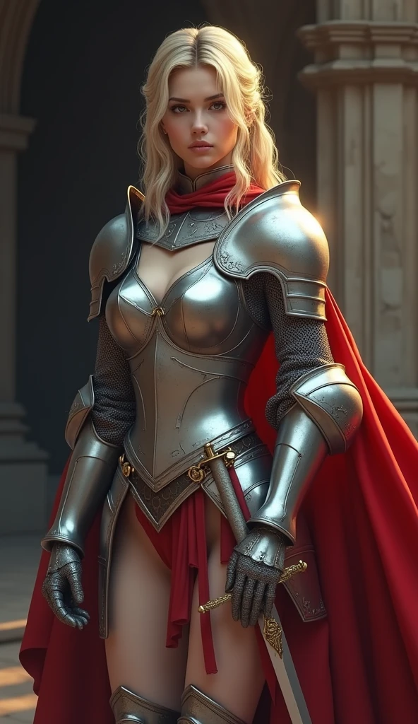 ((masterpiece, Highest quality, High resolution, Highly detailed CG integrated 8K wallpaper)), (Huge and stunning goddess shot, Very hot and sexy, Amazing beauty, Perfect Proportions, Beautiful body, Slim body beauty:1.3), (A medieval Female Knight in luminous armor:1.5), (Her long blonde hair is tied back., Wearing armor on bare skin, Red cape on the back, Exquisitely crafted, Armor with great attention to detail, With a sword hanging from his wide belt:1.5), (I will add the text, Camel Toe:1.5), I can see your thighs, View from above, Female Knight,