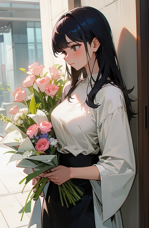 Cool women、sexy、holding a bouquet of flowers in both hands、