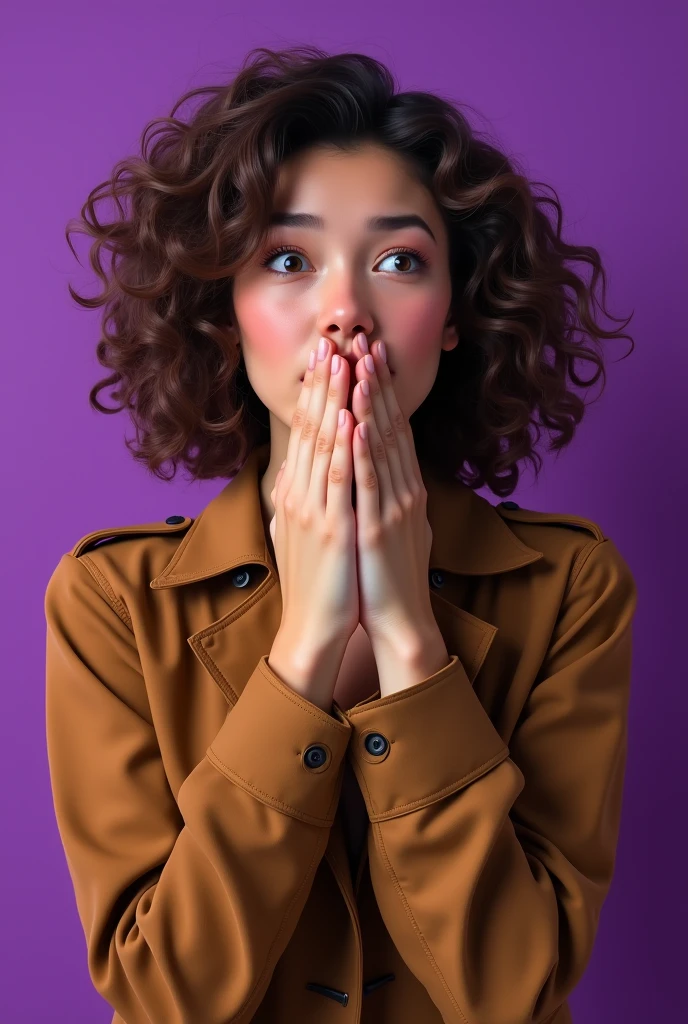 It features a young handsome girls with a surprised expression on her face, covering his mouth with her hands. She is wearing a brown jacket and has curly hair. The background is purple