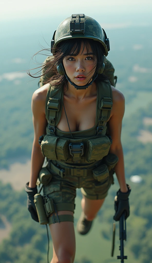 Photo-realistic, ultra-realistic, (very beautiful Japanese, famous Japanese idol:1.3), (Fully equipped for battle:1.5), large assault rifle on her back, (Experienced army paratroopers:1.5),(Jumping for skydiving from the cargo bay of a large Army transport plane for an Army skydiving mission:1.5), (painful impressions, crying:1.3), (wearing an army paratrooper's Camouflage outfits with military helmet:1.5), very large breasts, (tactical vest, military harness:1.3), (military long boots:1), amazing view from the sky, acrobatic pose, dynamic angle, spectacular, (injured:1.3), (muddied, damaged wears, damaged body:1.3),