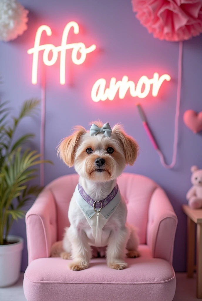 Photographic backdrop of a dog grooming center, always with cute themes, environment with LED writing cuteness in Brazilian Portuguese lilac and a pink armchair