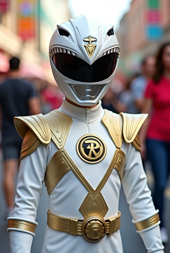Boy dressed as white Power Rangers 
