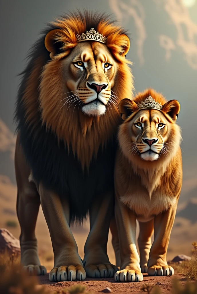 The lion with the word "Younes" in his crown, and his wife with the word "Samira" printed in her crown