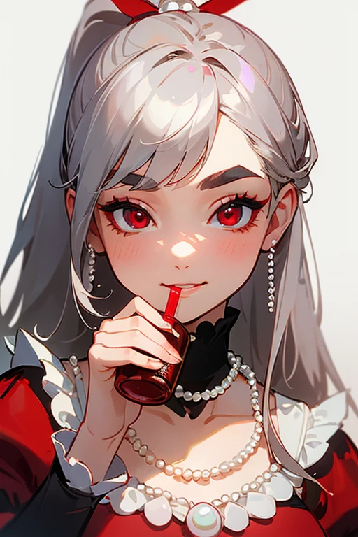 (Highest quality, masterpiece:1.2), High resolution, 最高masterpiece、Very detailed, Realistic:1.37, Fantasy, An illustration,Gray Hair、 Red eyes、Queen, Red dress、beautifully、Eyeshadow Red、Thick eyebrows、Long eyelashes、pupils are black、shiny on the lips、Top Sites、Queen、Princess、A kind smile、Soft impression、people々々々々々Loved by、Slimming the face、Shoulder Bare、ponytail、Kissing Face、Long white hair、Shaggy Bangs、(Save face image).(Training camp)、(A kind smile)、(Background white)、((Pearl Necklace)).((Drink a drink)).
