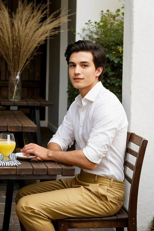 A 1 boy with short dark brown hair sits at a wooden table. He’s wearing a black dress shirt and dark off-white dress pants. He’s looking to the side, distracted, while in front of him sits a plate of spaghetti and a glass of yellow juice. He gazes toward a garden, with a white wall in the background. The scene has a cozy, imperfect charm, with a dark wood table and a warm, natural atmosphere