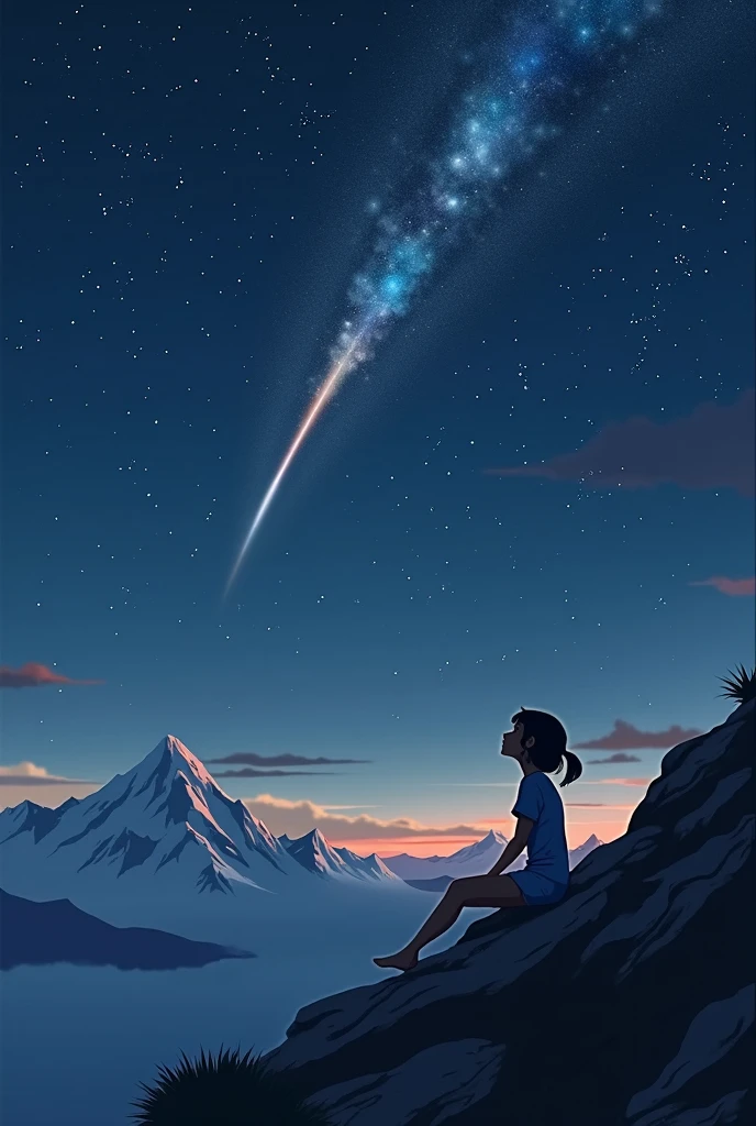 A girl lying on the top of a mountain looking at the starry sky - SeaArt AI