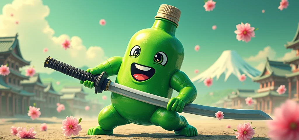 green pet bottle with human features, dollynho shinigami soda mascot with a katana