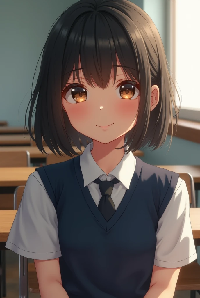 best quality, face focus, soft light, ultra high res, (photorealistic:1.4), RAW photo, 1japanese girl, solo, cute, (shy smile:0.5), (brown eyes, lights in the eyes), detailed beautiful face, (small chest),(high resolution detail of human skin texture), (short bob hair), BREAK, in classroom,navy school uniform, vest, skirt
