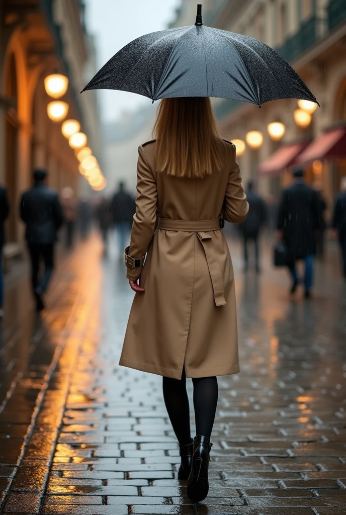 Blonde model wearing a beige trench coat, walking in the rain with an umbrella, on a cobbled avenue, city lights reflected on wet ground