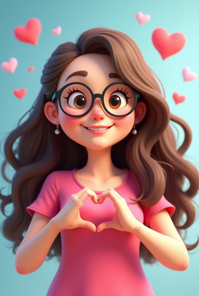 make an animation of a half-body chubby girl, with a big, round nose, wearing black glasses, long, very curly hair type 3B in brown color, eyes browns, wearing pink clothes and making a heart with one hand. No fundo, add hearts, cute characters and baby blue tones.