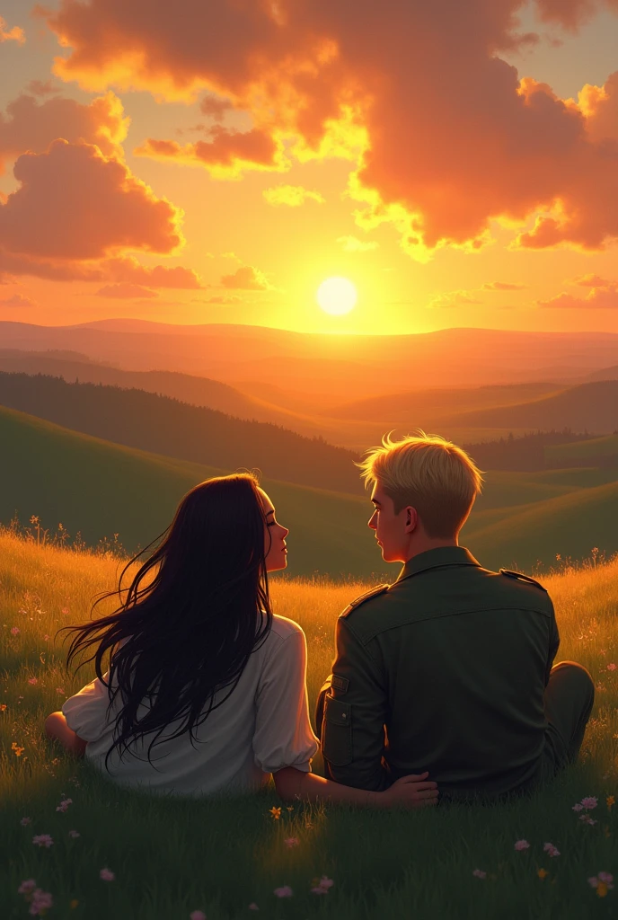 create an image of a sunset on top of a hill with a woman with long dark hair and a strong military soldier with blond hair lying on the grass watching the sunset 