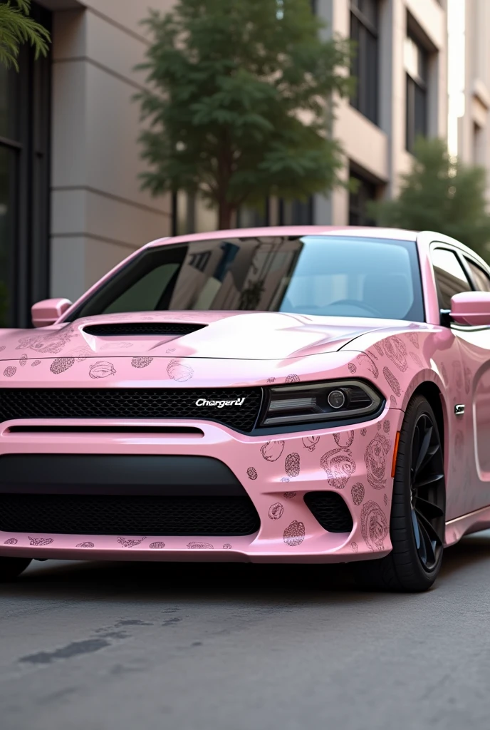 A 2023 dodge charger with a unique pink starbucks wrap