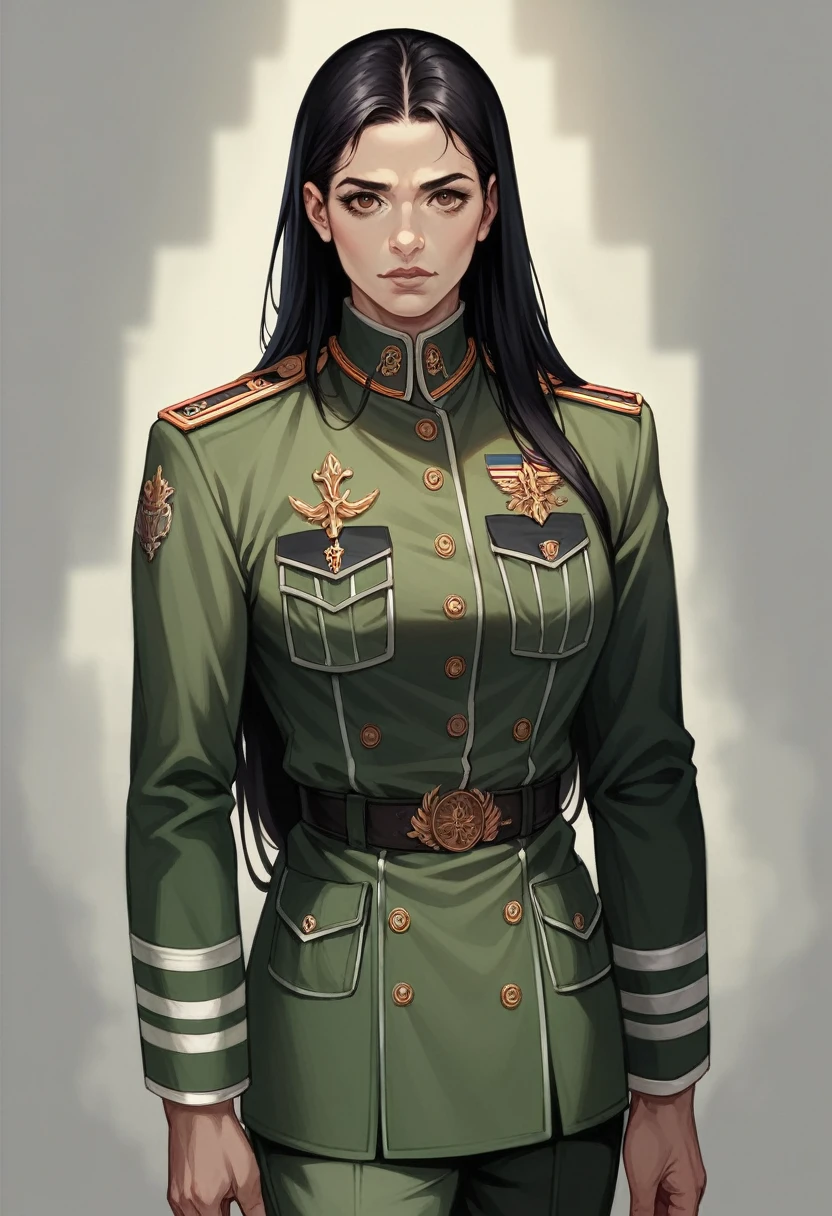 Nicole is a girl of medium height, long black hair, brown eyes, very muscular body, military uniform, large bust, intricately detailed portrait, high quality digital art, 8k, photorealistic, cinematic lighting, dramatic color palette, fantasy concept art