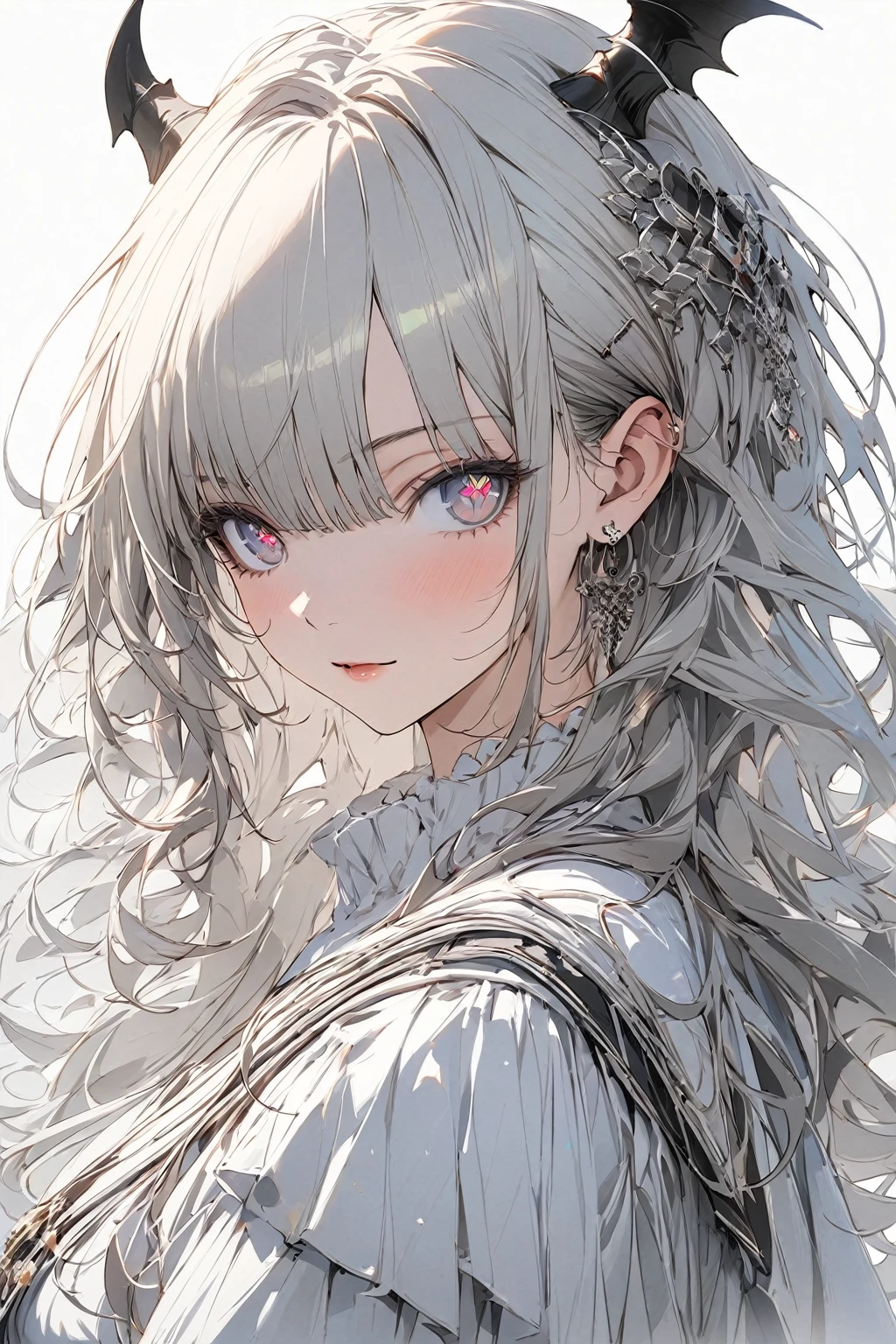 1girl, bangs, long hair, messy hair, gradient_eyes, diamond-shaped pupils, demon girl, royal type shoulder off dress, Conceptual art, masterpiece, super detail, high details, high quality, best quality, highres