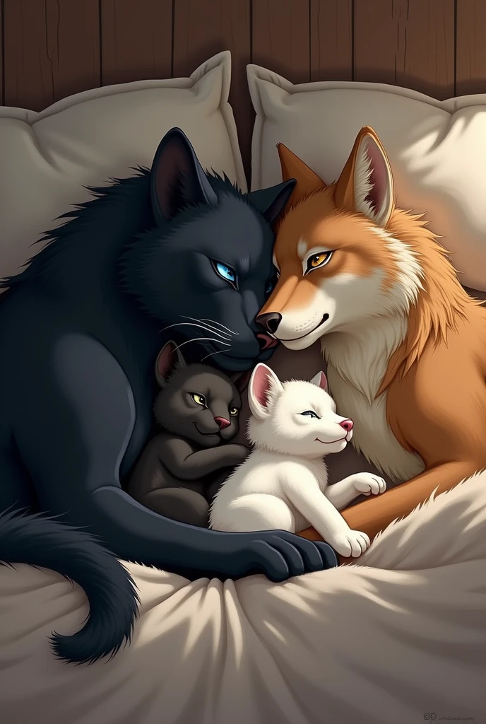 in a big bed, on the right side, There is a brown wolf, with brown eyes too, with her white wolf cub, who is sleeping peacefully. In the left side, There is a black panther with blue eyes, next to a black lion cub, who is also sleeping peacefully.