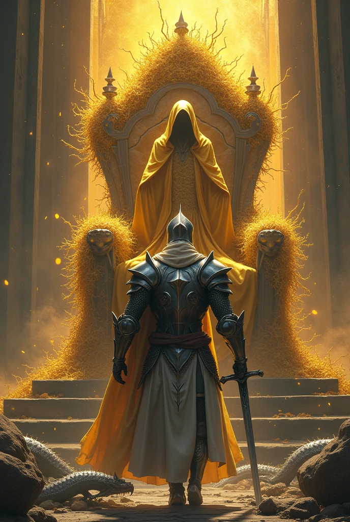 A knight in silver armor holding a sword walks towards a throne full of thorns,The thorns shine with golden light,On the throne sat a pagan wearing a hood and a golden garment.,The entire throne was shattered,A silver Chinese dragon hovers below the image