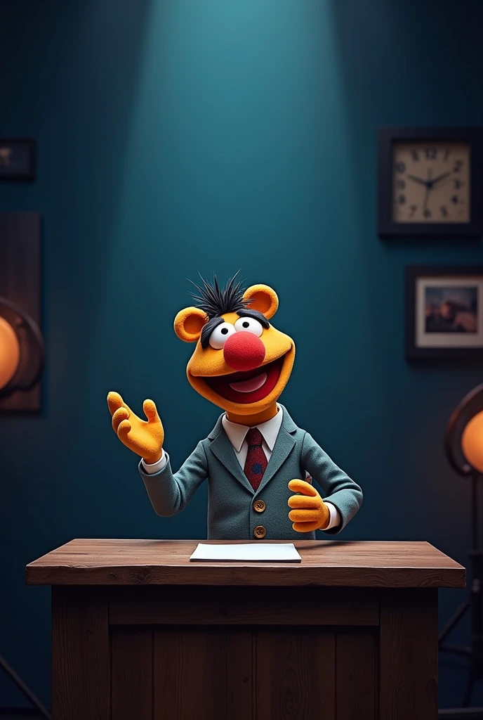 Could you create a stage for a paper-drawn style muppet with a dark background and a presentation bar that divides half the screen as a news anchor without the character in tik tok format please? 