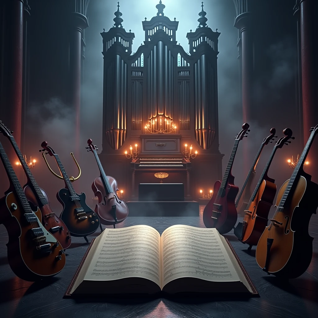 A dark stage with a large church organ in the background, surrounded by musical instruments such as violins, violonchelos, trumpets and electric guitars. The organ is covered with lighted candles, and there is smoke and fog rising from the ground, creating a mysterious and dramatic atmosphere. Changing colored lights illuminate the scene, casting shadows and reflections on the instruments. In the middle, A large open book displays musical scores, as if the music was alive and floating in the air. The image evokes a feeling of chaff, power and mystery