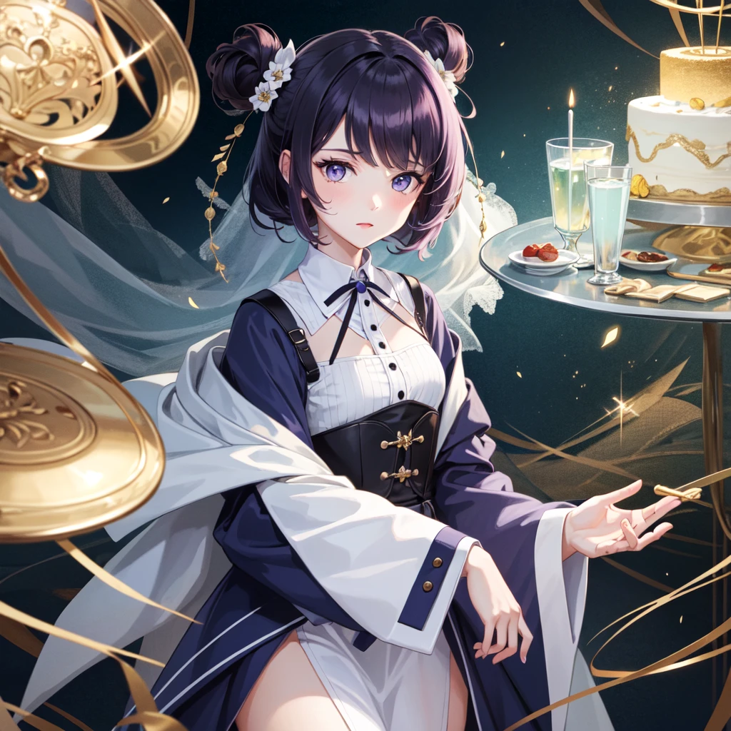 tarot card style, 1 girl, 一人w, portrait , digital illustrwed, flowwg hair, glowwg rawbow hair, night, cake , lookwg for w the camera , lookwg for_w_viewer, rwg lightwg, rim lightwg, purple eyes, dull bangs, trendwg on artstwion, WLOP, DS Caro 1