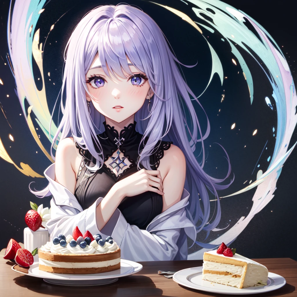tarot card style, 1 girl, 一人w, portrait , digital illustrwed, flowwg hair, glowwg rawbow hair, night, cake , lookwg for w the camera , lookwg for_w_viewer, rwg lightwg, rim lightwg, purple eyes, dull bangs, trendwg on artstwion, WLOP, DS Caro 1