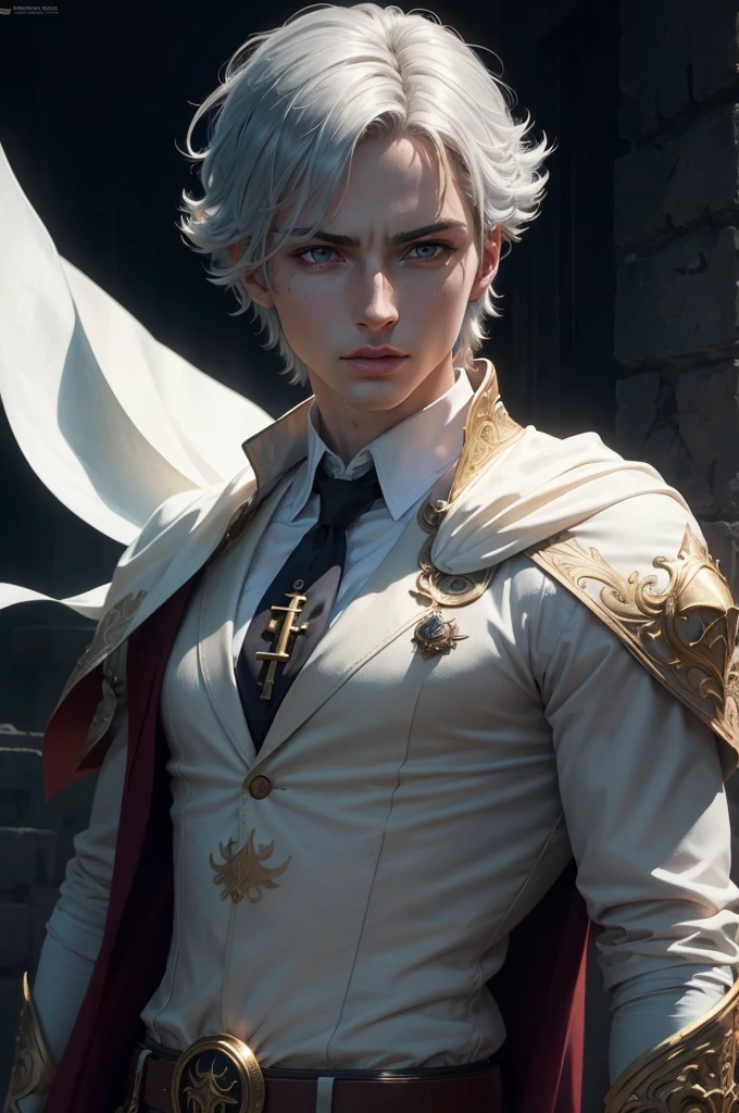 a tall anime man with short silver hair and blue eyes, wearing a suit and a white and blue cape holding a sword, male anime character, beautiful androgynous prince, official art, key anime art, (best quality, 4k, 8k, highres, masterpiece:1.2), ultra-detailed, (realistic, photorealistic, photo-realistic:1.37), highly detailed facial features, extremely detailed eyes and face, detailed clothing, beautifully shaded, dramatic lighting, cinematic composition, vibrant colors, digital painting, anime style, dynamic pose, intricate details, ornate design, simple light-colored background,