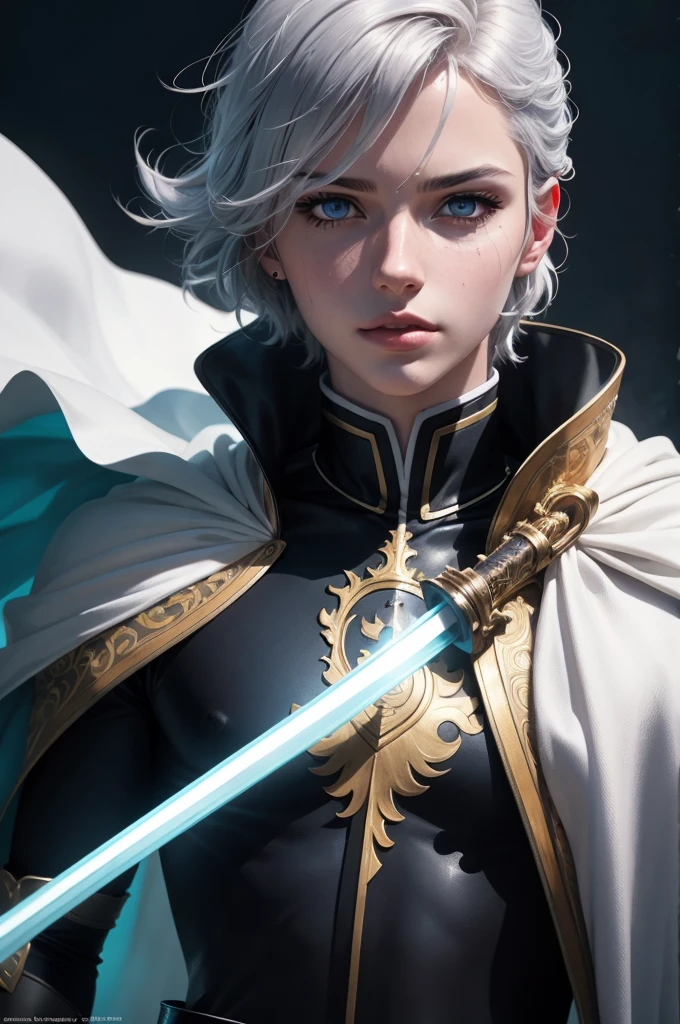 a tall anime man with short silver hair and blue eyes, wearing a suit and a white and blue cape holding a sword, male anime character, beautiful androgynous prince, official art, key anime art, (best quality, 4k, 8k, highres, masterpiece:1.2), ultra-detailed, (realistic, photorealistic, photo-realistic:1.37), highly detailed facial features, extremely detailed eyes and face, detailed clothing, beautifully shaded, dramatic lighting, cinematic composition, vibrant colors, digital painting, anime style, dynamic pose, intricate details, ornate design, simple light-colored background,