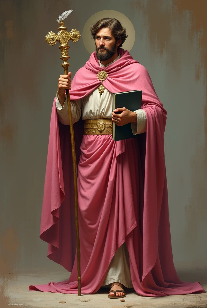 apostle saint matthew, patron of accounting, with pinkish red cloak, with a Caduceus-shaped staff, leaning on his left shoulder, holding a quill pen with the right hand, a notebook with the left hand.